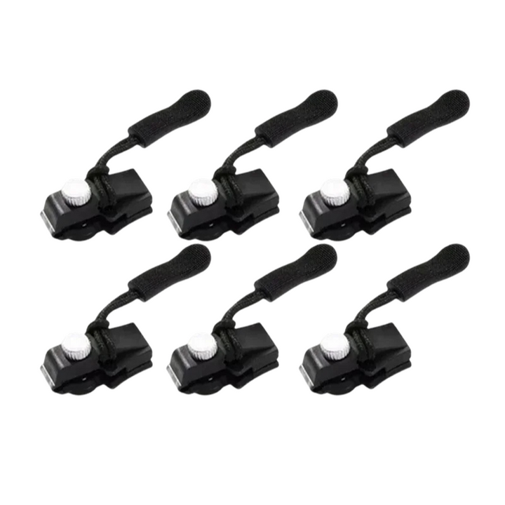 "Unisex zipper repair clip 6-pack, alloy and nylon, universal fit. Snap-on design for quick no-sew fixes on clothes and bags.