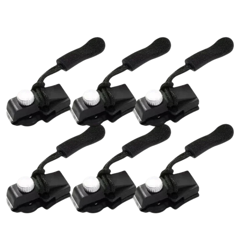 "Unisex zipper repair clip 6-pack, alloy and nylon, universal fit. Snap-on design for quick no-sew fixes on clothes and bags.