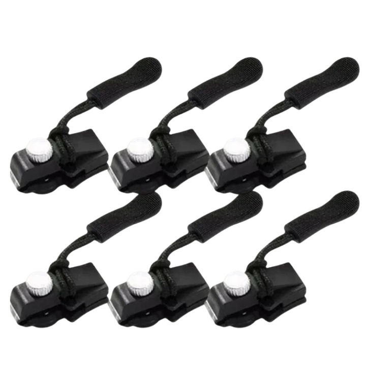 "Unisex zipper repair clip 6-pack, alloy and nylon, universal fit. Snap-on design for quick no-sew fixes on clothes and bags.