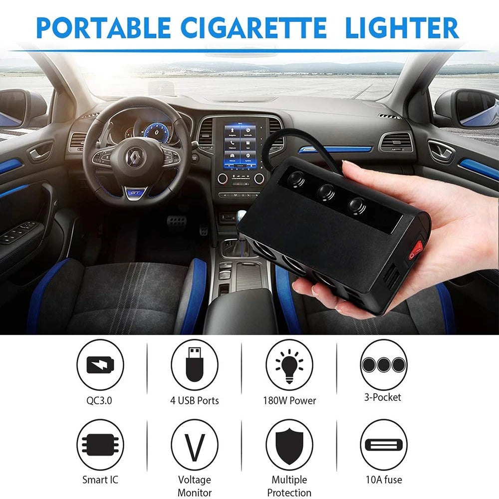 Universal 4-port car charger adapter with USB ports and lighter sockets; sleek, compact design for vehicle convenience.