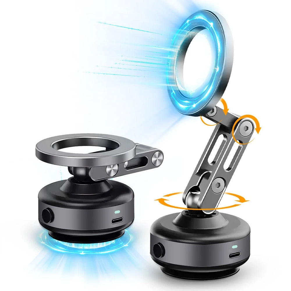 "Universal magnetic car phone holder with 360° rotation, showcasing powerful magnetic grip and electric suction capability."