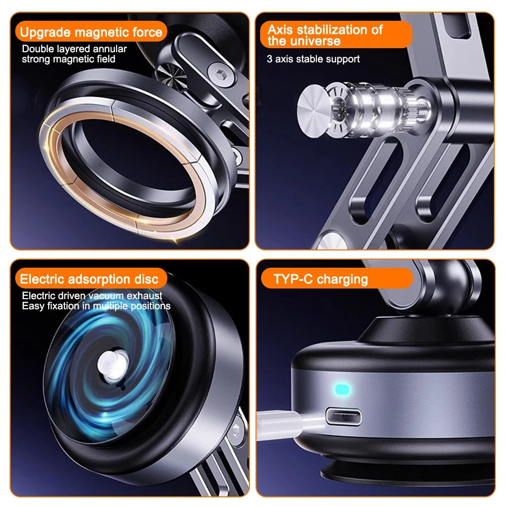 "Universal magnetic car phone holder with 360° rotation, showcasing powerful magnetic grip and electric suction capability."