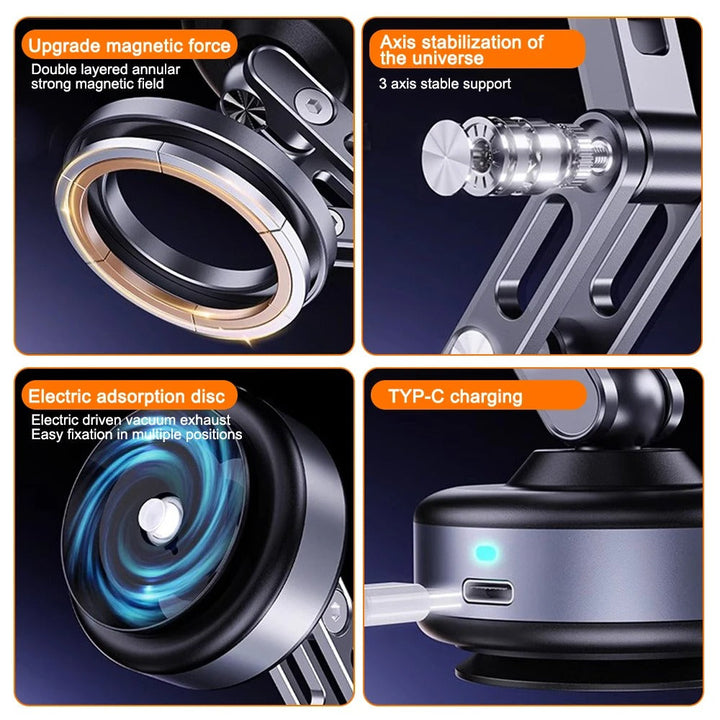 "Universal magnetic car phone holder with 360° rotation, showcasing powerful magnetic grip and electric suction capability."