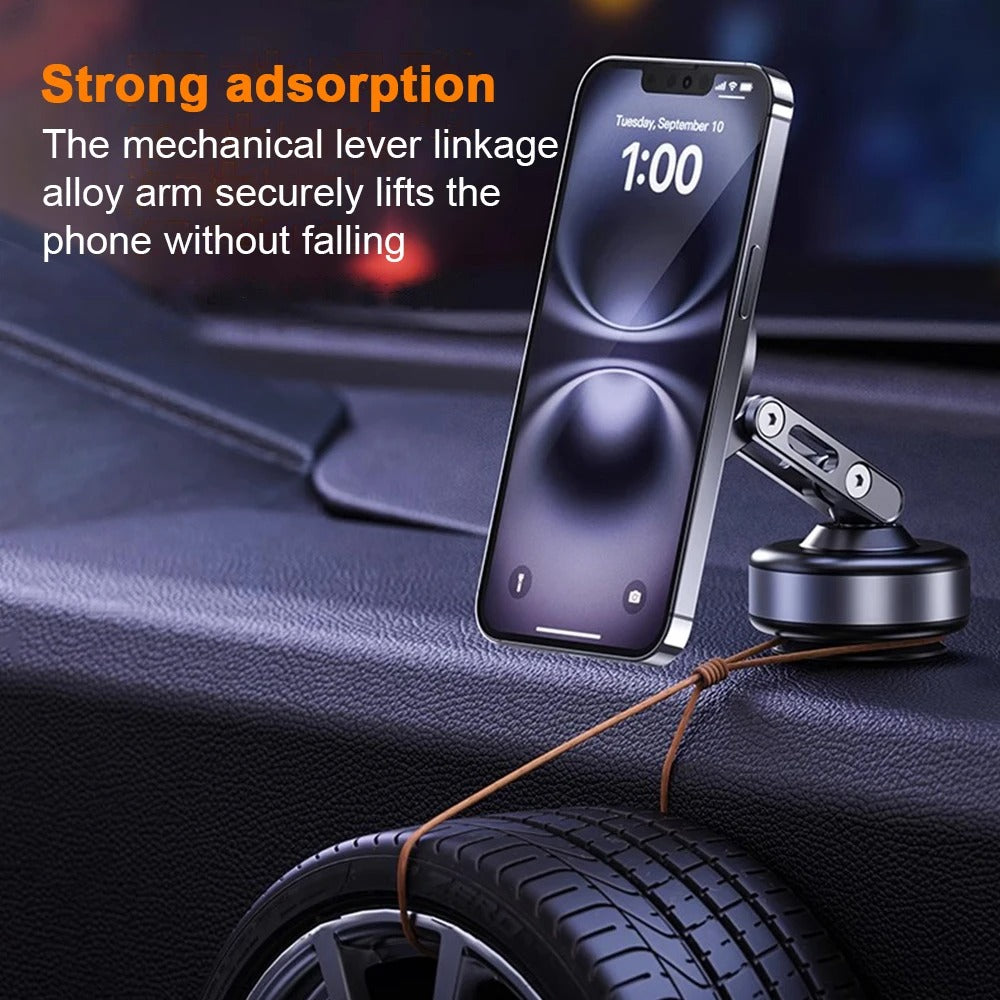 "Universal magnetic car phone holder with 360° rotation, showcasing powerful magnetic grip and electric suction capability."