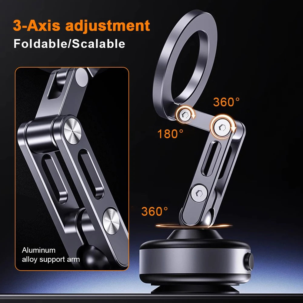"Universal magnetic car phone holder with 360° rotation, showcasing powerful magnetic grip and electric suction capability."
