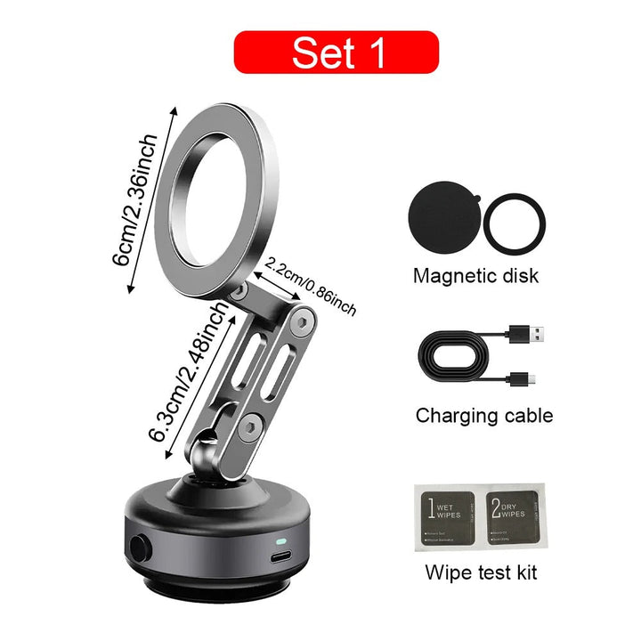 "Universal magnetic car phone holder with 360° rotation, showcasing powerful magnetic grip and electric suction capability."