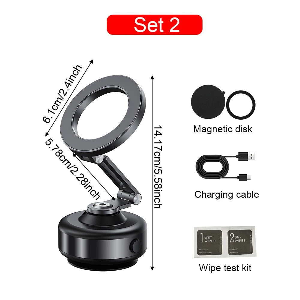 "Universal magnetic car phone holder with 360° rotation, showcasing powerful magnetic grip and electric suction capability."