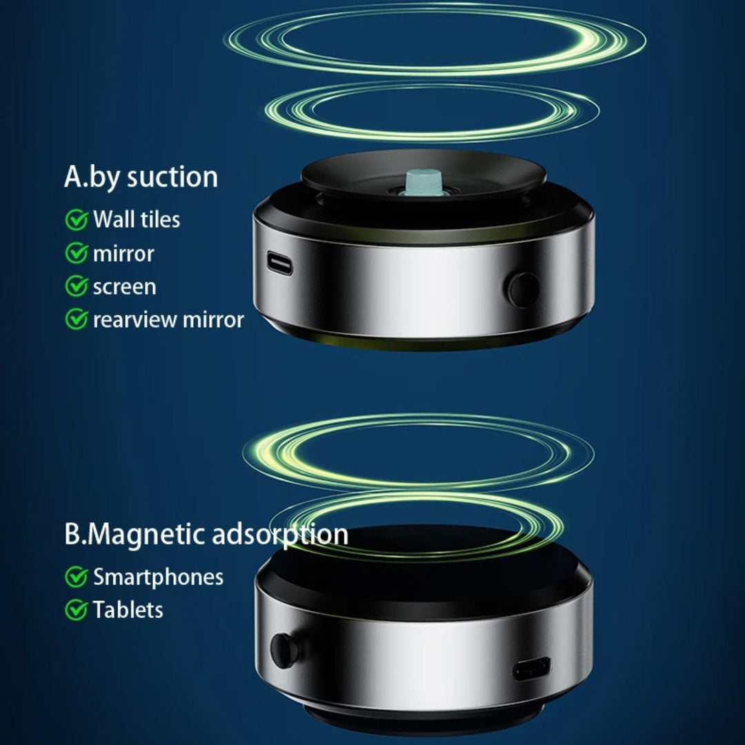 "Universal magnetic car phone holder with suction base, sleek black design, strong grip, adjustable for optimal view."