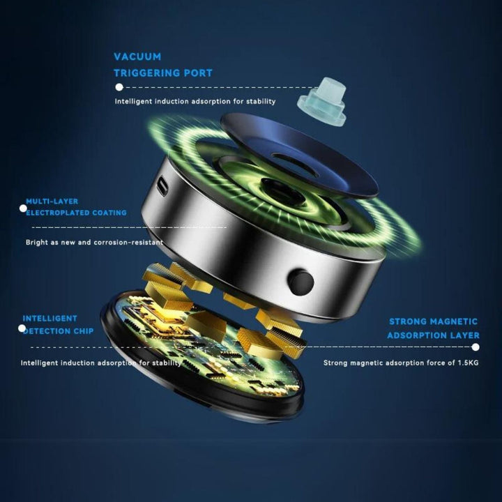 "Universal magnetic car phone holder with suction base, sleek black design, strong grip, adjustable for optimal view."