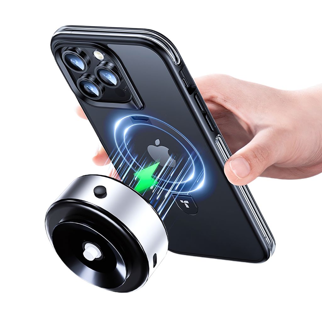"Universal magnetic car phone holder with suction base, sleek black design, strong grip, adjustable for optimal view."