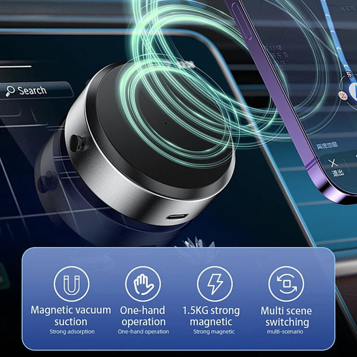 "Universal magnetic car phone holder with suction base, sleek black design, strong grip, adjustable for optimal view."