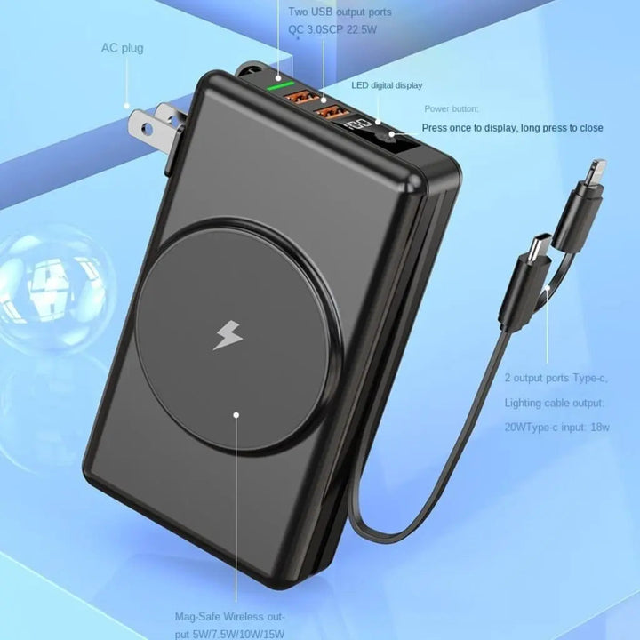 "Universal power bank 20000mAh with built-in cables, USB-C, lightning connectors, compact design, ideal for travel."