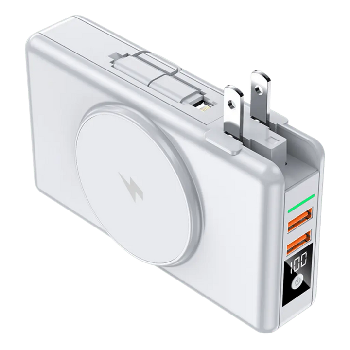 "Universal power bank 20000mAh with built-in cables, USB-C, lightning connectors, compact design, ideal for travel."