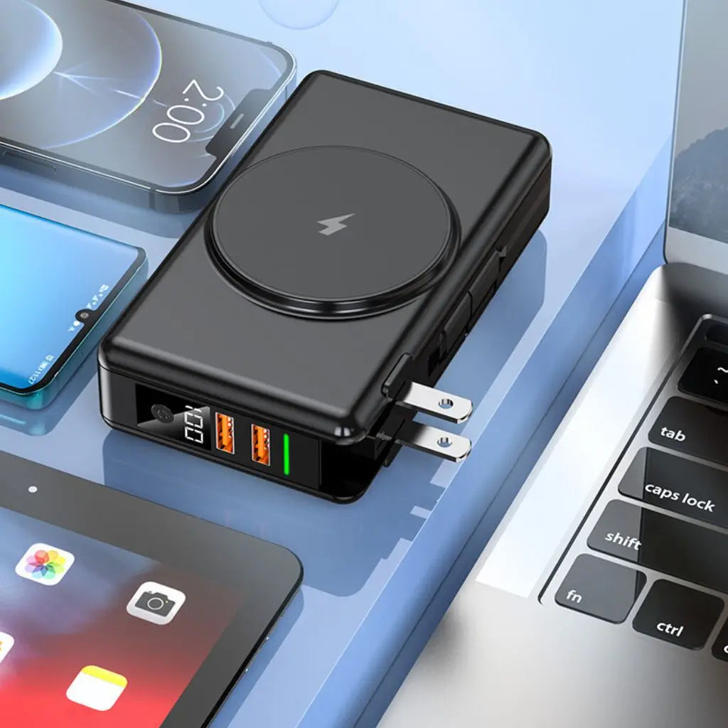 "Universal power bank 20000mAh with built-in cables, USB-C, lightning connectors, compact design, ideal for travel."