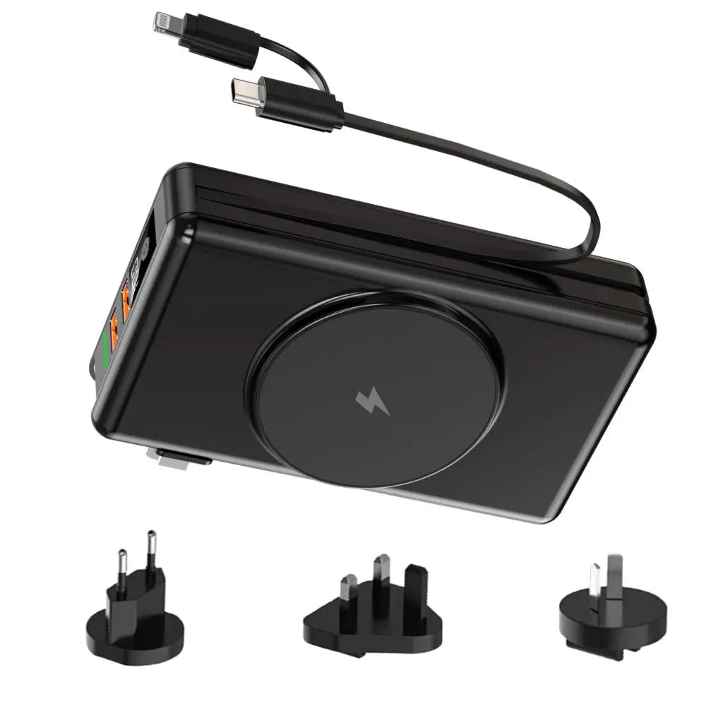 "Universal power bank 20000mAh with built-in cables, USB-C, lightning connectors, compact design, ideal for travel."