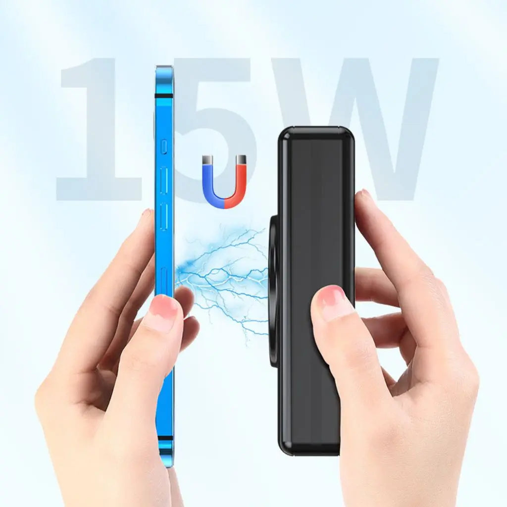 "Universal power bank 20000mAh with built-in cables, USB-C, lightning connectors, compact design, ideal for travel."