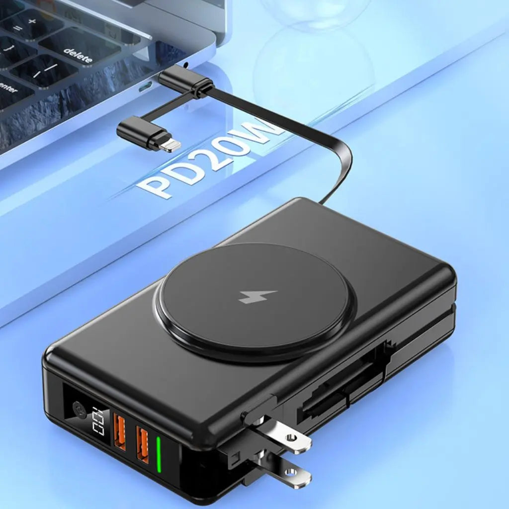 "Universal power bank 20000mAh with built-in cables, USB-C, lightning connectors, compact design, ideal for travel."