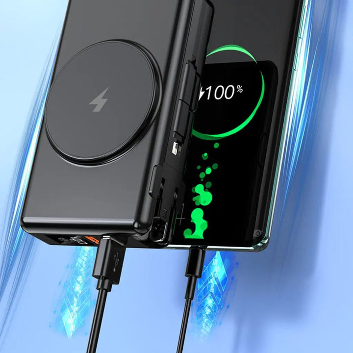 "Universal power bank 20000mAh with built-in cables, USB-C, lightning connectors, compact design, ideal for travel."