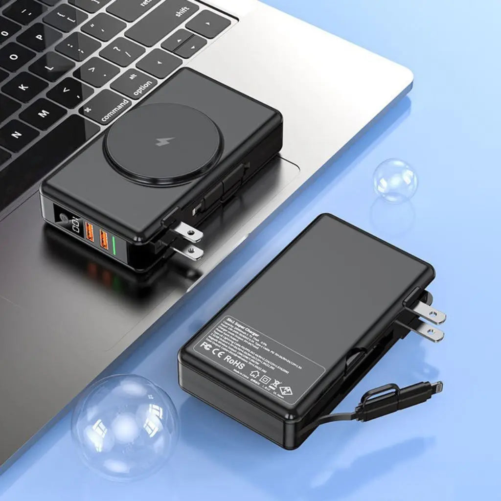 "Universal power bank 20000mAh with built-in cables, USB-C, lightning connectors, compact design, ideal for travel."