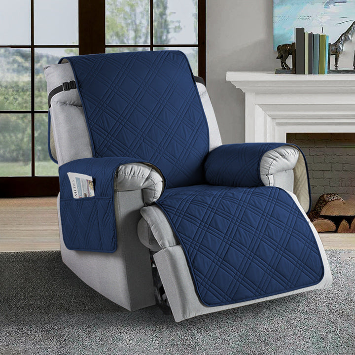 Universal waterproof recliner slipcover, water-repellent, stain-resistant in navy blue, elastic hems for easy fit.