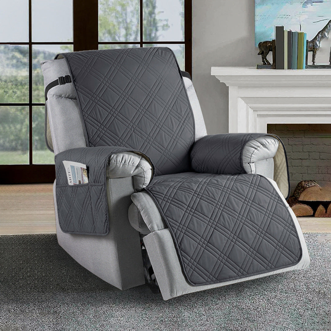 Universal waterproof recliner slipcover, water-repellent, stain-resistant in navy blue, elastic hems for easy fit.