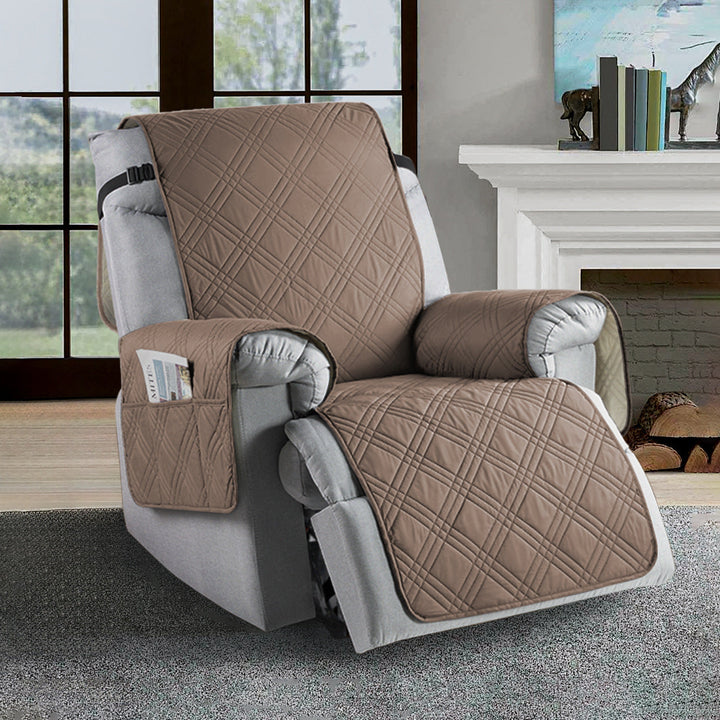 Universal waterproof recliner slipcover, water-repellent, stain-resistant in navy blue, elastic hems for easy fit.