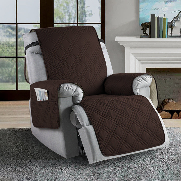 Universal waterproof recliner slipcover, water-repellent, stain-resistant in navy blue, elastic hems for easy fit.