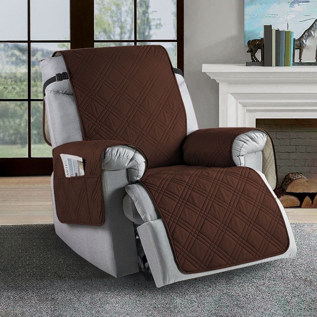 Universal waterproof recliner slipcover, water-repellent, stain-resistant in navy blue, elastic hems for easy fit.