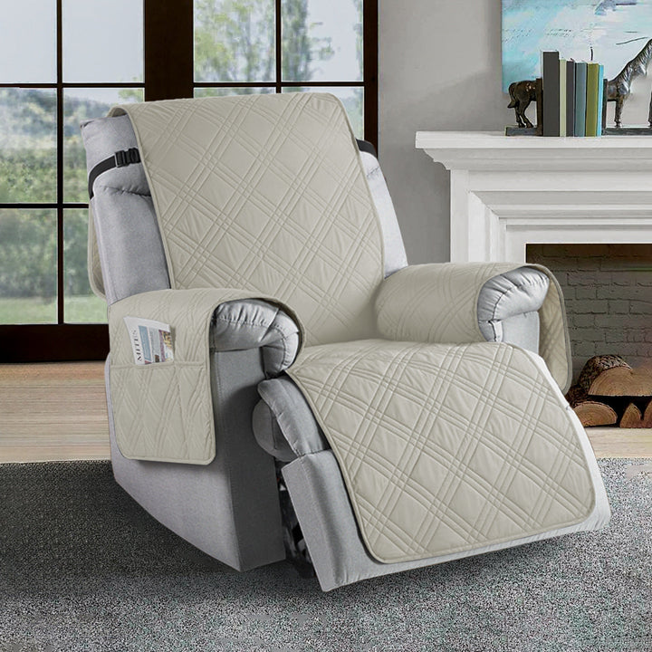 Universal waterproof recliner slipcover, water-repellent, stain-resistant in navy blue, elastic hems for easy fit.