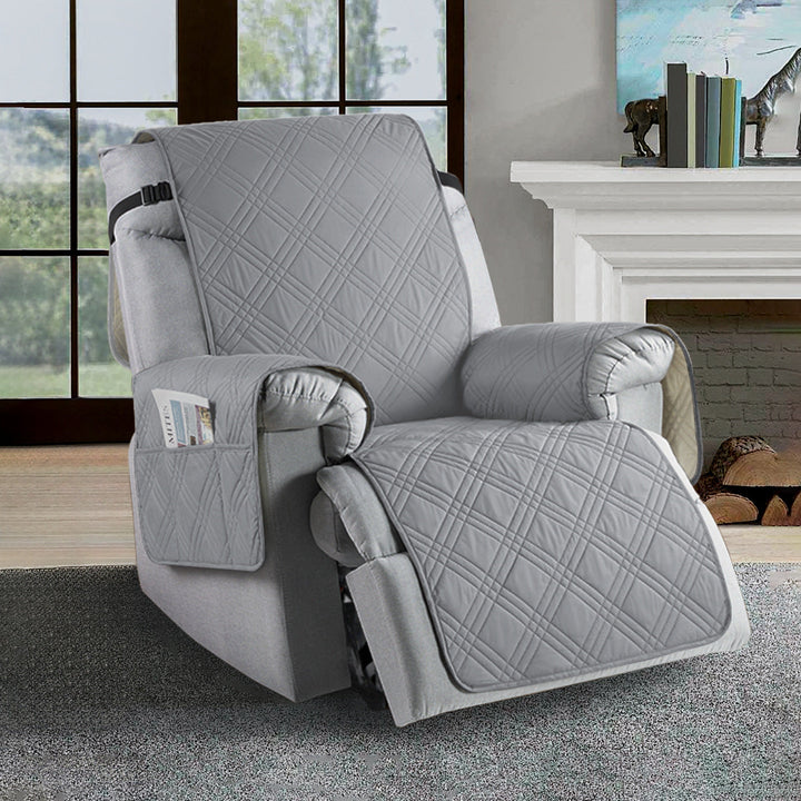 Universal waterproof recliner slipcover, water-repellent, stain-resistant in navy blue, elastic hems for easy fit.