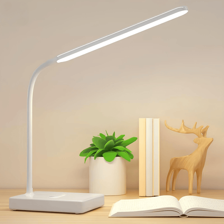"USB rechargeable flexible arm desk lamp with adjustable neck, dimmable brightness, and three light color options."