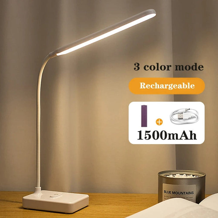 "USB rechargeable flexible arm desk lamp with adjustable neck, dimmable brightness, and three light color options."