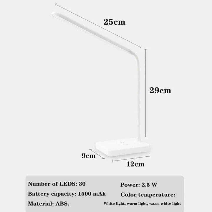 "USB rechargeable flexible arm desk lamp with adjustable neck, dimmable brightness, and three light color options."