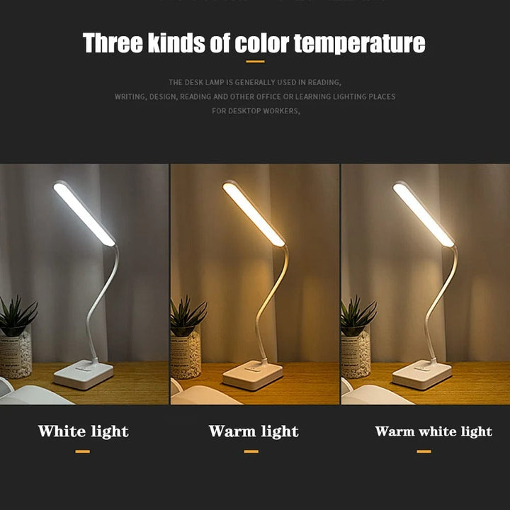 "USB rechargeable flexible arm desk lamp with adjustable neck, dimmable brightness, and three light color options."