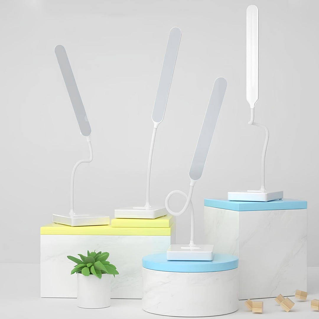 "USB rechargeable flexible arm desk lamp with adjustable neck, dimmable brightness, and three light color options."