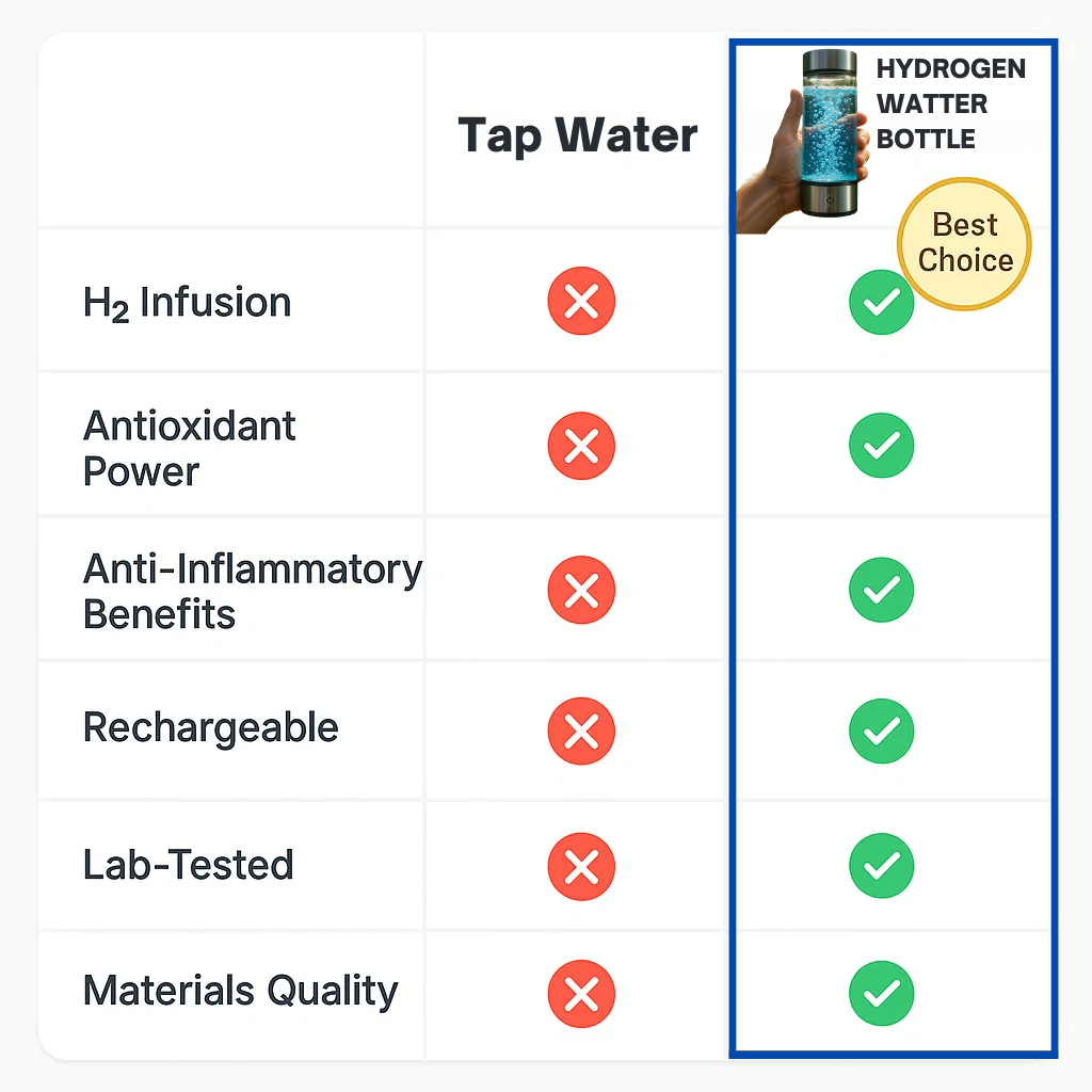 "USB rechargeable hydrogen water bottle, sleek design, enhances wellness, infuses water with molecular hydrogen, anti-inflamm