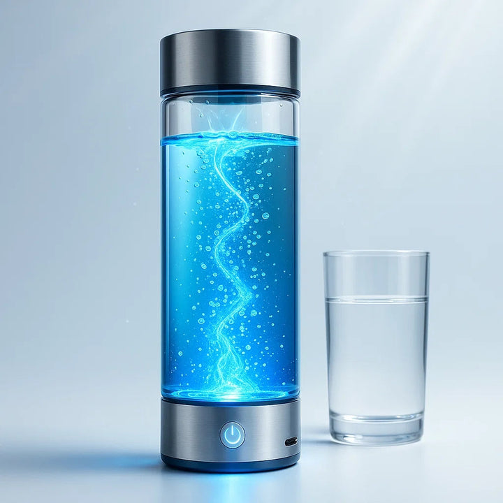 "USB rechargeable hydrogen water bottle, sleek design, enhances wellness, infuses water with molecular hydrogen, anti-inflamm
