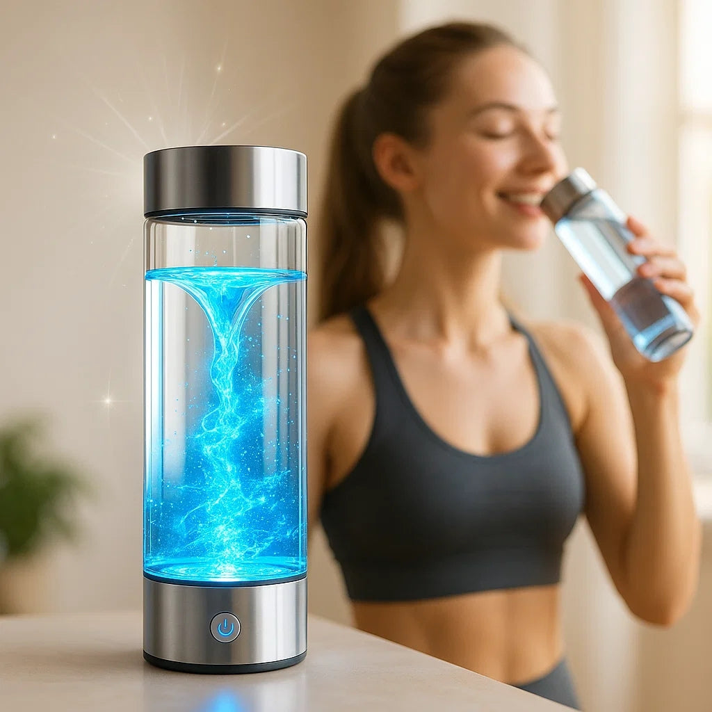 "USB rechargeable hydrogen water bottle, sleek design, enhances wellness, infuses water with molecular hydrogen, anti-inflamm
