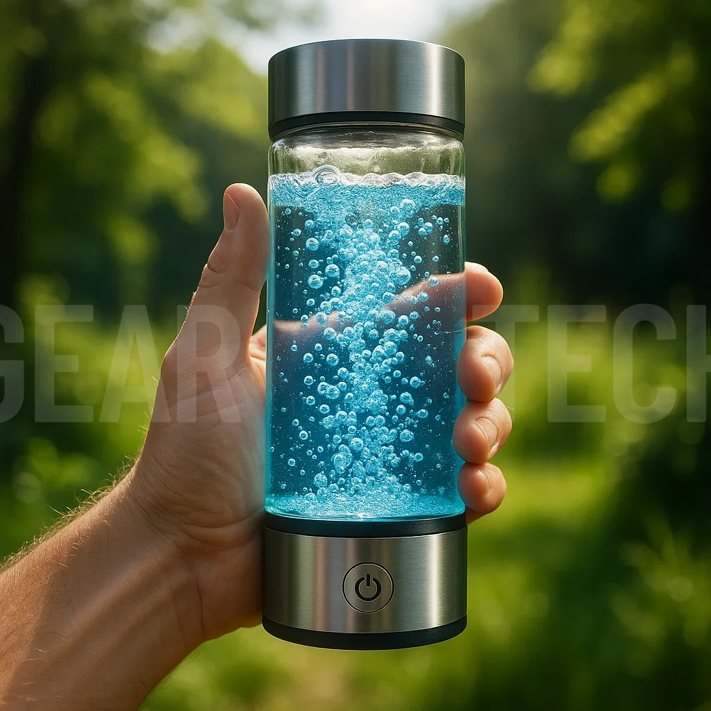 "USB rechargeable hydrogen water bottle, sleek design, enhances wellness, infuses water with molecular hydrogen, anti-inflamm