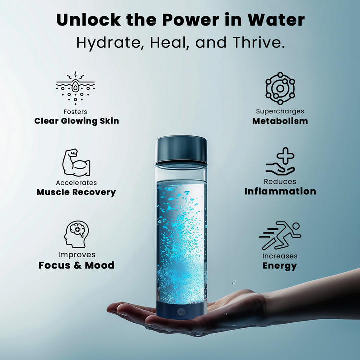 "USB rechargeable hydrogen water bottle, sleek design, enhances wellness, infuses water with molecular hydrogen, anti-inflamm