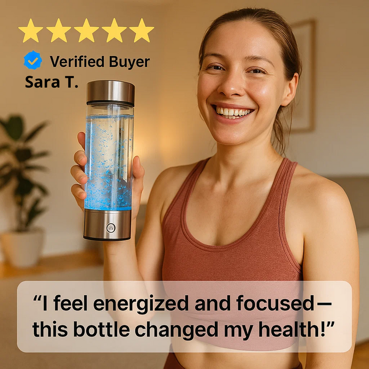 "USB rechargeable hydrogen water bottle, sleek design, enhances wellness, infuses water with molecular hydrogen, anti-inflamm