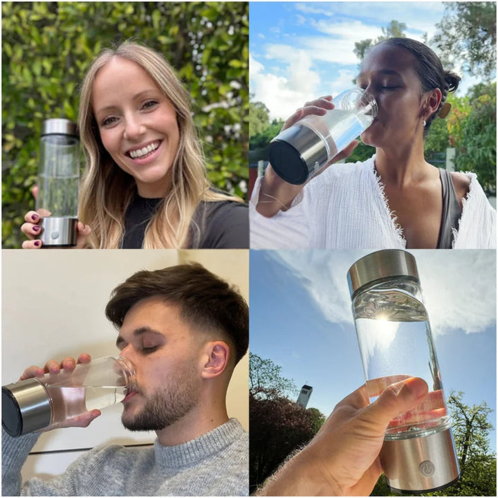 "USB rechargeable hydrogen water bottle, sleek design, enhances wellness, infuses water with molecular hydrogen, anti-inflamm