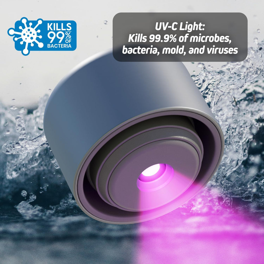 "UV Light Water Bottle with UV-C sterilization, sleek design, BPA-free, ensures germ-free hydration and easy portability."