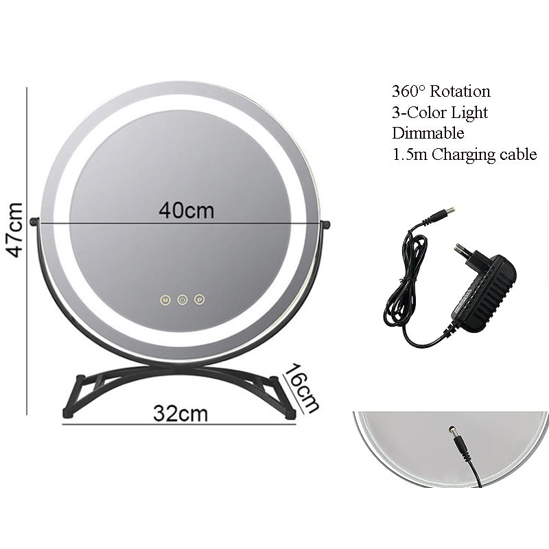"Vanity makeup mirror with LED lights, touch-control, sleek metal frame, featuring 360° rotation for precise beauty applicati