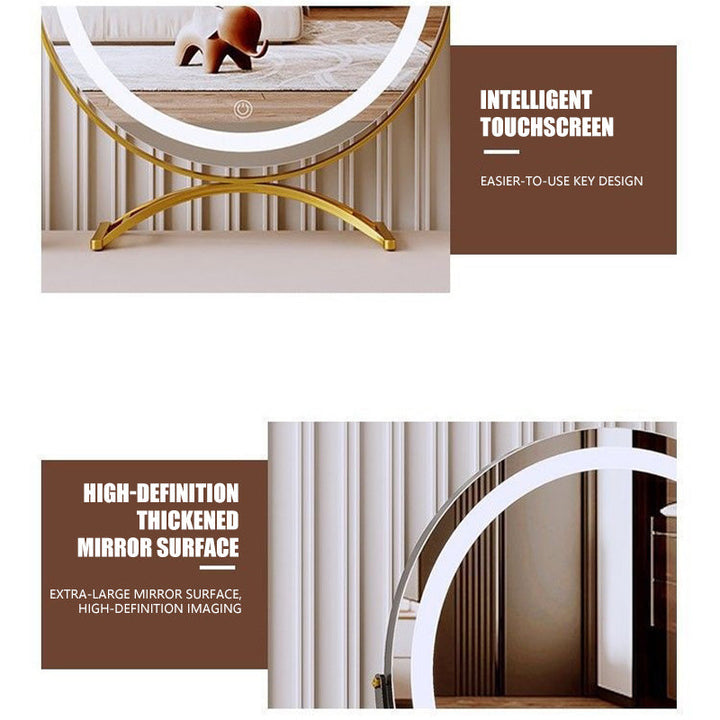 "Vanity makeup mirror with LED lights, touch-control, sleek metal frame, featuring 360° rotation for precise beauty applicati