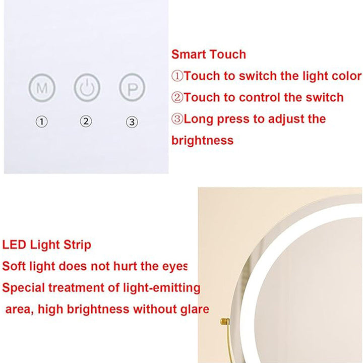 "Vanity makeup mirror with LED lights, touch-control, sleek metal frame, featuring 360° rotation for precise beauty applicati