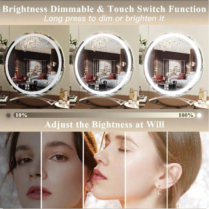 "Vanity makeup mirror with LED lights, touch-control, sleek metal frame, featuring 360° rotation for precise beauty applicati