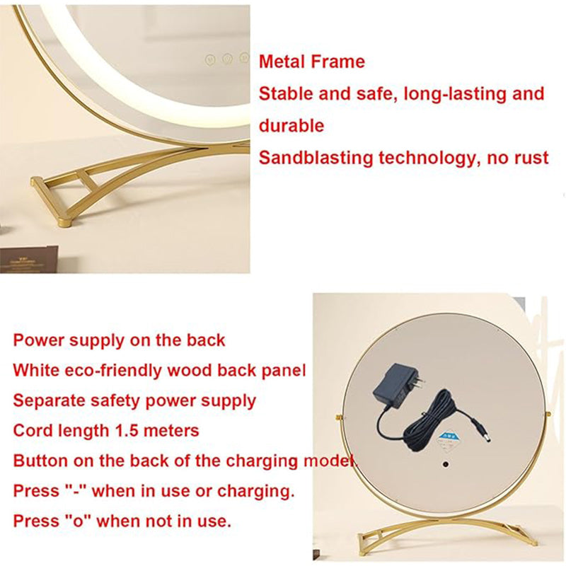 "Vanity makeup mirror with LED lights, touch-control, sleek metal frame, featuring 360° rotation for precise beauty applicati