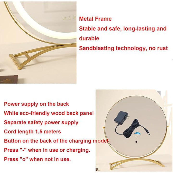 "Vanity makeup mirror with LED lights, touch-control, sleek metal frame, featuring 360° rotation for precise beauty applicati