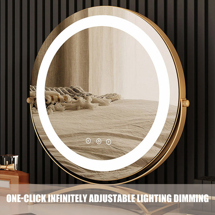 "Vanity makeup mirror with LED lights, touch-control, sleek metal frame, featuring 360° rotation for precise beauty applicati